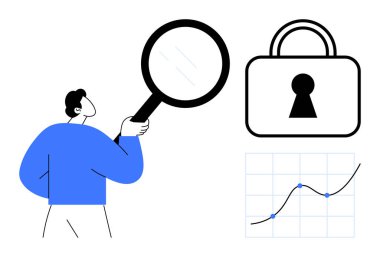 Elinde büyüteç tutan adam verileri inceliyor, ikon kilidi güvenliği simgeliyor, ve bir çizgi grafik çizelgesi. Siber güvenlik, veri analizi, teknik dersler, çevrimiçi güvenlik, iş büyümesi için ideal