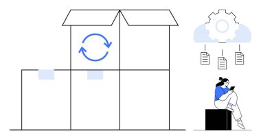 Güncelleme sembollü kutular, vites yanında tablet ve belge simgeleriyle bulutlar. Envanter yönetimi, lojistik, bulut hesaplama, veri senkronizasyonu, dijital depolama için ideal