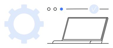 Büyük teçhizatlı dizüstü bilgisayar, ilerleme noktaları ve kontrol işareti. Teknoloji, verimlilik, çevrimiçi hizmetler, yazılım geliştirme, mühendislik verimliliği görev tamamlama için ideal. Satır metaforu