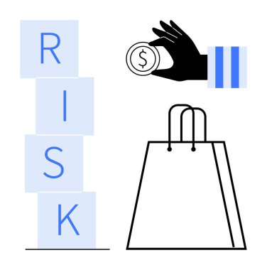 El ele tutuşan dolar sikkesi, engellenmiş RISK yazımı, ve alışveriş çantası mali karar verme ve risk analizini resmediyor. Finans, ekonomi, yatırımlar, bütçe, perakende, risk için ideal