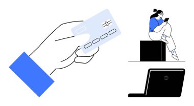 Kredi kartı tutan, tablet kullanan ve açık bir dizüstü bilgisayar kullanan biri. E-ticaret, çevrimiçi alışveriş, dijital ödemeler, mobil bankacılık, uzaktan çalışma, teknoloji ve modern