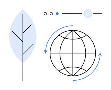 Doğayı temsil eden yaprak, dünya çapında sürdürülebilirlik için dairesel okları olan dünya, üç nokta ve ilerleme kaydetmek için bir kontrol işareti. Çevre girişimleri, çevre dostu projeler, temiz
