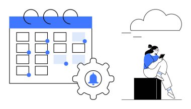 Tebligat teçhizat ikonlu takvim, tablette okuyan kadın bulutların altında oturuyor. Zaman yönetimi, verimlilik, planlama, hatırlatıcı, programlama, organizasyon otomasyonu için ideal. Satır metaforu