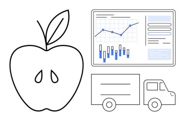 Elma silueti, ekranda analitik veriler, çizelgeler ve teslimat kamyonu. İkmal zinciri lojistiği, gıda dağıtımı, tarım analitiği, iş tahminleri, ulaşım, veri için ideal