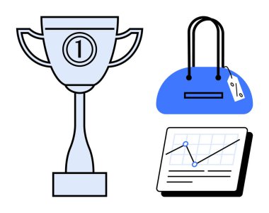 Başarıyı temsil eden bir kupa, moda ve perakende satış gösteren bir çanta, artı veri analizini ve pazarlama analizini gösteren bir grafik. Başarı, alışveriş, perakende, analitik, iş, pazarlama için ideal