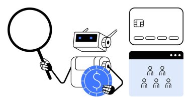 Robot elinde büyüteç ve bozuk para, kredi kartı, kullanıcı simgeleriyle bilgisayar ekranı tutuyor. Finans, teknoloji, veri analizi, yapay zeka, siber güvenlik bankacılığı çevrimiçi işlemler için ideal. Satır metaforu