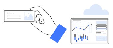 El ele tutuşan kimlik kartı, içinde çizgi grafiği, bar grafiği, metin ve bulutların altındaki kutular olan fotoğraf istatistikleri. Veri güvenliği, analitik, kimlik tespiti, teknoloji, iş dünyası ve bulut hizmetleri için ideal
