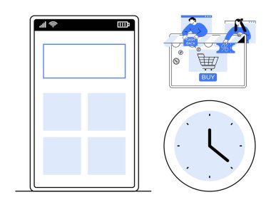 Mobil aygıt, alışveriş arayüzünü gösteriyor. Nakit para ve indirim simgeleriyle kaplı. Saatin yanında. E-ticaret, mobil uygulamalar, zaman yönetimi, müşteri teşvikleri, dijital pazarlama için ideal