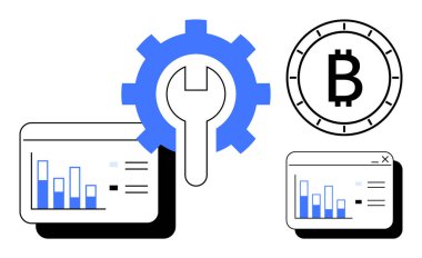 Mali verileri gösteren grafikler, anahtar ve dişli simgesi araçları sembolize ediyor, Bitcoin sembolü. Engelleme teknolojisi, kripto para ticareti, finansal analizler, dijital para birimi yönetimi için ideal