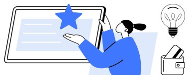 Yanında cüzdan, kredi kartı ve bir ampul olan büyük ekrandaki bir yıldızı işaret eden kişi. Teknoloji, yenilik, finans, eğitim, motivasyon kullanıcı deneyimi ve yaratıcılık için ideal