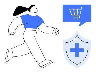 Alışveriş arabasının simgeleri ve haçlı bir kalkanın yanında yürüyen biri. E-ticaret, çevrimiçi alışveriş, dijital sağlık, siber güvenlik, tüketici koruması, tıbbi hizmetler, yaşam tarzı için ideal
