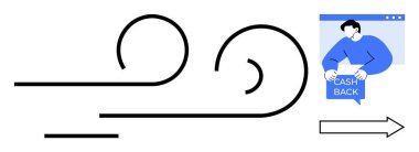 Çizgileri olan siyah spiraller ve sağ tarafı gösteren bir ok. Bir kişi internet sitesinde nakit para ilanı tutuyor. Online alışveriş finans teşvikleri pazarlama ödülleri e-ticaret için idealdir. Minimalist vektör biçimi