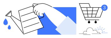 El ele tutuşan su tenekesi, bir damla su, tebligatlı alışveriş arabası ve bulutlardan yükselen güneş. Büyüme, üretkenlik, yetiştirme, e-ticaret, çevrimiçi alışveriş, bildirimler için ideal