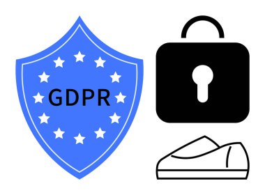 Blue shield with GDPR text and stars, black lock icon, and minimalist sneakers. Ideal for privacy policies, data protection, cybersecurity, personal security, online regulations, European Union clipart