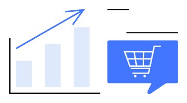 Yukarı doğru ok olan çubuk grafiği, bir konuşma balonunda bir alışveriş arabası ikonunun yanında satış büyümesini gösteriyor. İş, finans, pazarlama, satış, analitik, e-ticaret, sunumlar için ideal. Satır metaforu
