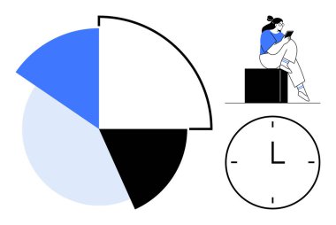 Tablet üzerindeki verileri analiz eden bir kadın. Veri segmentleri gösteren büyük bir pasta tablosu ve zamanı temsil eden bir saat. Proje planlama, üretkenlik analizi, iş stratejisi ve zaman için ideal