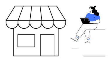 Basit bir mağazanın önünde dizüstü bilgisayarı olan bir kadın. E-ticaret, uzaktan çalışma, çevrimiçi iş, küçük işletme, modern yaşam tarzı, serbest meslek ve girişimcilik için ideal. Satır metaforu
