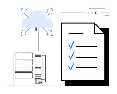 Mavi işaretli bir listenin yanında, dıştaki okları olan bir bulut simgesine bağlı bir sunucu. Bulut depolama, veri yönetimi, dijital dönüşüm, bilişim çözümleri, ağ altyapısı için ideal