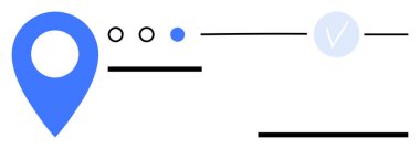 Mavi konum işareti, yatay çizginin üzerinde üç küçük simge ve sağda bir işaretleme çemberi. Navigasyon uygulamaları, haritalar, konum belirleme hizmetleri, doğrulama, seyahat rehberleri, kullanıcı için ideal