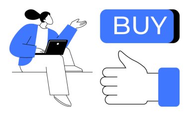 Dizüstü bilgisayarı olan bir kadın, baş parmak ikonu ve öne çıkan bir satın alma tuşu. Çevrimiçi alışveriş, e-ticaret, dijital pazarlama, kullanıcı deneyimi, satış promosyonları, ürün alımı, müşteri alımı için ideal