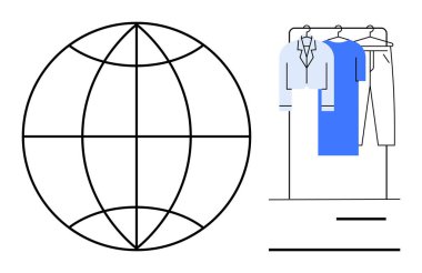 Elbise askısı, ceket, küre yanında pantolon. Eko-moda, sürdürülebilir giyim, küresel ticaret, perakende, çevresel savunma küresel bağlantılar ve moda pazarlaması için idealdir. Çizgi