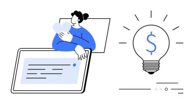 Kalbi tabletin yanında tutan kişi, sağında dolar işareti olan ampul. Finansal yaratıcılık, yenilik, teknoloji, aşk, çevrimiçi hizmetler, dijital pazarlama ve kavramsal fikirler için ideal