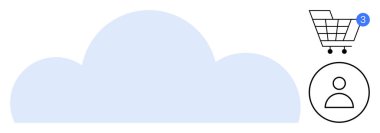 Alışveriş arabası, bilgilendirme balonu, kullanıcı profili ikonu ve büyük bulut şekilli e-ticaret teması. Çevrimiçi alışveriş, bulut hizmetleri, kullanıcı hesapları, bildirimler, perakende uygulamaları, web için ideal