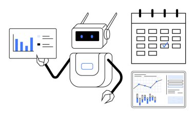 Robot veri tabloları sunuyor, takvimi işaretli olarak gözden geçiriyor ve grafikleri analiz ediyor. Teknoloji, iş planlaması, üretkenlik, otomasyon, yapay zeka, veri analizi, zaman yönetimi temaları için ideal