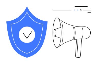 Siyah ve beyaz megafonun yanında işaretli mavi kalkan. Güvenlik, iletişim, koruma, duyurular, siber güvenlik, pazarlama, halka açık konuşma temaları için idealdir. Satır metaforu