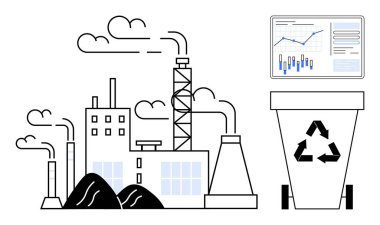 Tütsülü fabrika, veri tablolarını gösteren ekranlar, geri dönüşüm kutusu. Sürdürülebilirlik, çevresel etki, atık yönetimi, çevre dostu uygulamalar, endüstriyel verimlilik, veri