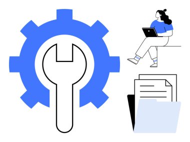 Dizüstü bilgisayarı olan bir kadın yanında İngiliz anahtarı dokümanları ve klasörü olan büyük bir aletin yanında oturuyor. Teknoloji, iş çözümleri, üretkenlik, organizasyon, proje yönetimi, mühendislik için ideal