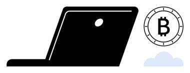 Bitcoin sembolü ve bulut simgesinin yanında siyah laptop. Kripto para birimi, dijital ödemeler, engelleme teknolojisi, çevrimiçi işlemler, fintech, dijital para birimi eğitimi, yatırım için ideal
