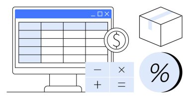 Bilgisayar monitörü bir hesap tablosu, dolar sembolü, işlemli hesap makinesi, yüzde işareti ve paket gösteriyor. E-ticaret, finansal analiz, satış takibi, lojistik ve muhasebe için ideal