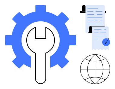 İçinde ingiliz anahtarı olan büyük mavi dişli, işaretli belge ve dünya çizgisi. Teknoloji, mühendislik, bakım, belge yönetimi ve küresel bağlantı için ideal. Basit, temiz, modern tarz.