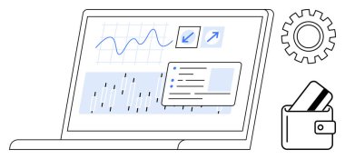 Kredi kartı ve teçhizatlı bir cüzdanın yanında grafik ve çizelgeleri gösteren bir dizüstü bilgisayarın mali veri analizi. Finans, teknoloji, bankacılık, işletme, strateji, veri analizi için ideal