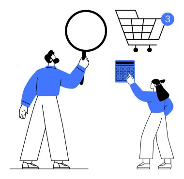 Erkek büyüteç tutuyor, kadın hesap makinesiyle etkileşime giriyor ve alışveriş arabası üç şey gösteriyor. E-ticaret, dijital pazarlama, çevrimiçi alışveriş, finansal analiz, müşteri davranışı için ideal