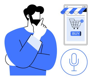 İnternetten alışveriş yapmayı düşünen düşünceli bir adam. Alışveriş arabası ve mikrofon ikonlu akıllı telefon. E-ticaret, online alışveriş, mobil uygulamalar, kullanıcı deneyimi ve dijital perakende için ideal. Temiz vektör