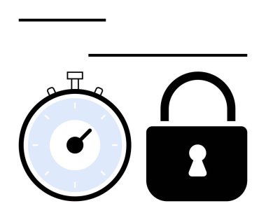 Kronometre ve asma kilit yan yana. Zaman yönetimi, güvenlik, teslim tarihleri, dakiklik, güvenilirlik, koruma ve verimlilik temaları için idealdir. Güçlü çizgi mecazı