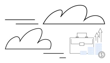 Yükselen grafikler ve paranın yanında, arka planda iki hızlı bulut. Ticari büyüme, mali planlama, kurumsal strateji, yatırım tavsiyesi, piyasa analizi ve başarı için ideal