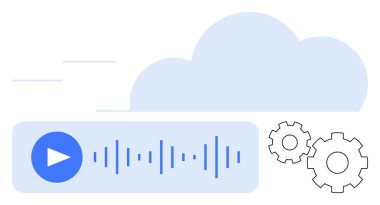 Ses dalgaları, bulut simgesi ve konfigürasyon dişlileriyle ses oynatma çubuğu. Bulut depolama, medya yayını, podcast, çevrimiçi ses hizmetleri, teknolojik ayarlamalar için ideal. Satır metaforu