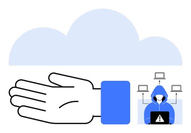 Bilgisayarlı mavi kapüşonlu hacker 'ın yanındaki buluta doğru elini aç. Siber güvenlik, veri koruması, bulut hizmetleri, teknoloji, internet güvenliği, tehdit önleme, çevrimiçi mahremiyet için ideal
