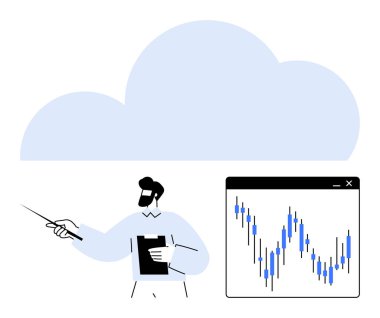 Bulut bağlamında elinde işaret çubuğu ve pano tutan bir adam grafikte veri eğilimlerini gösteriyor. Bulut hesaplama, veri analizi, sunumlar, öğretim, iş stratejisi, analitik için ideal