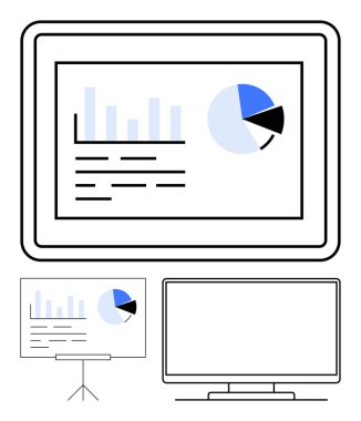 Çubuk grafikli iş panelleri, tablette pasta grafiği, projektör ekranı ve bilgisayar monitörü. Sunumlar, veri analizleri, iş toplantıları, raporlar, kurumsal eğitim pazarlaması için ideal