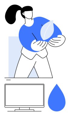 Elinde yaprak tutan bir kadın, sürdürülebilirliği sembolize ediyor, bilgisayar monitörü ve mavi damlacıkla. Çevre bilinci, çevre dostu ürünler, yenilenebilir enerji, yeşil teknoloji, koruma için ideal