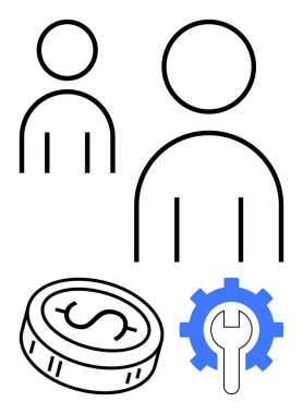 İki minimalist insan figürü, bir dolar işaretli bir bozuk para ve ingiliz anahtarlı mavi dişli. İş planlaması, yönetim, finans, takım çalışması, ekonomik büyüme hizmeti sektörü iş akışı için ideal. Çizgi