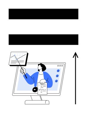 Dijital eğitimci grafikler ve notlar kullanarak monitörden talimat verir. E-öğrenme, öğretmenlik, sanal sınıflar, çevrimiçi eğitim, dijital araçlar, uzaktan öğrenme ve teknoloji için ideal. Satır metaforu