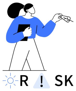 Person holding a tablet and pointing at a leaf near symbolic letters R, , and SK. Ideal for business analysis, decision-making, risk management, safety protocols, education, awareness campaigns clipart