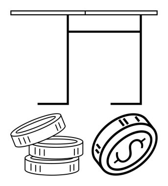 Bozuk paralar masanın altına düşüyor. Finansal planlama, ekonomik çöküş, tasarruflar, yatırımlar, mali eğitim hesapları için ideal. Çizgi benzetmesi. Çizgi benzetmesi. Basit satır simgeleri