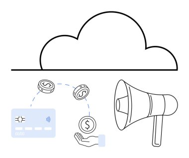Kredi kartının üstündeki bulut hesaplama sembolü ve dijital ödeme işlemlerini temsil eden madeni paralar ve pazarlamayı ve terfiyi sembolize eden bir megafon. Fintech, pazarlama, teknoloji ve bankacılık için ideal