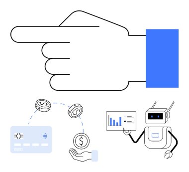 Büyük bir el, analitik gösterge paneli, dijital ödeme kartı, eline para geçen robotu işaret ediyor. Fintech, otomasyon, yapay zeka veri analizi, dijital bankacılık, iş için ideal